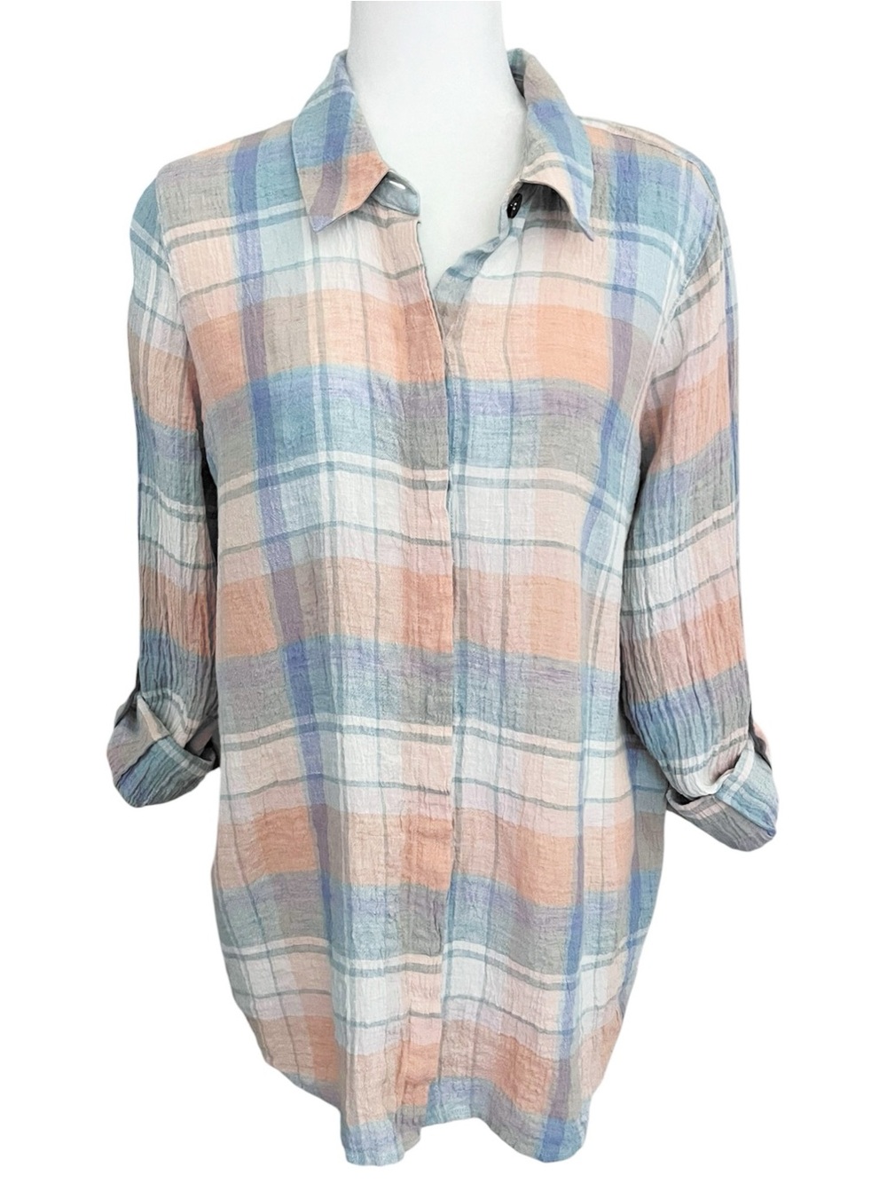 Soft Surroundings Pastel Plaid 100% Crinkled Linen Button Down Blouse Size XL
